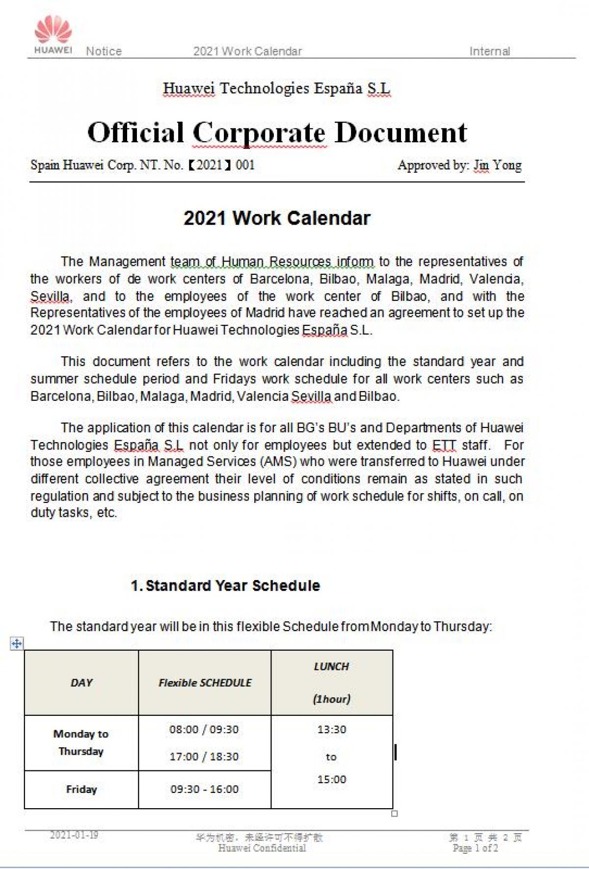 Horario jornado normal 2021