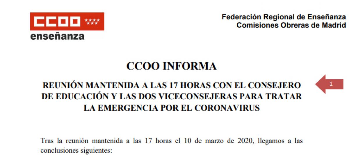DOCUMENTO: Informacin de la reunin con el Consejero de Educacin y las dos Viceconsejeras por la emergencia del coronavirus